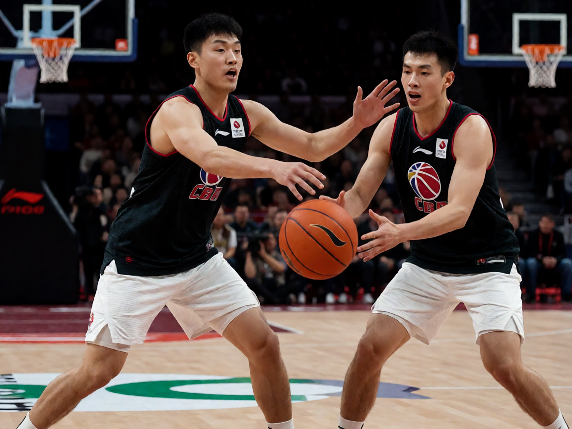篮球比赛中球员进行战术配合的赛场画面